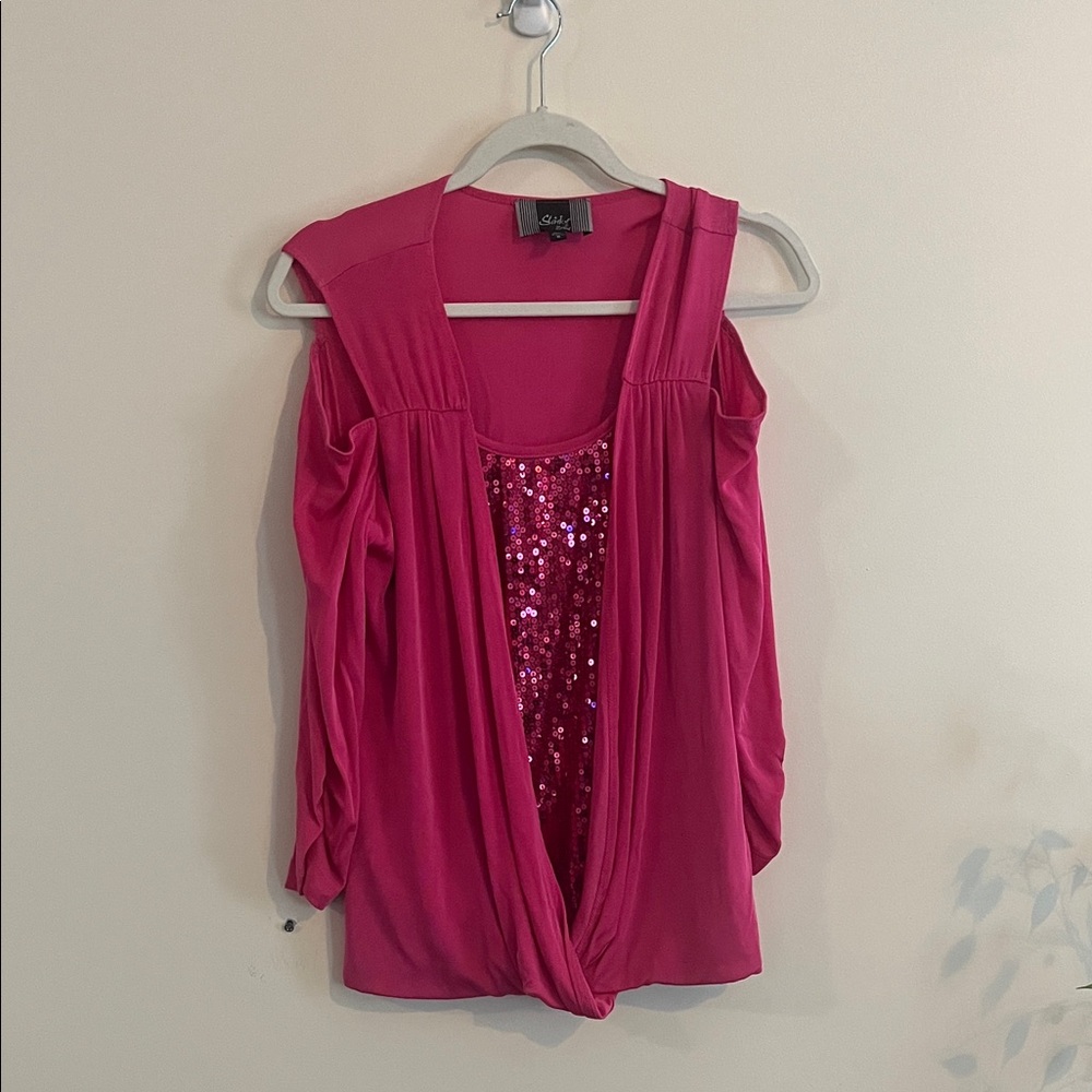 Vintage Slinky‎ Brand Sequin Top Pink Glam Cold Shoulder Bling Fairy Y2K Girly